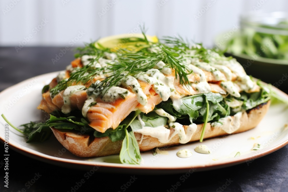 open-face salmon sandwich with mustard dill dressing