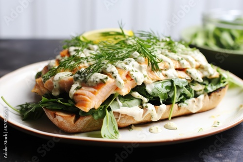 open-face salmon sandwich with mustard dill dressing
