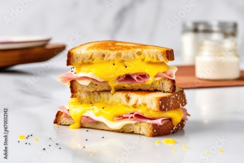 sandwich with mustard, ham, and cheese on a marble countertop