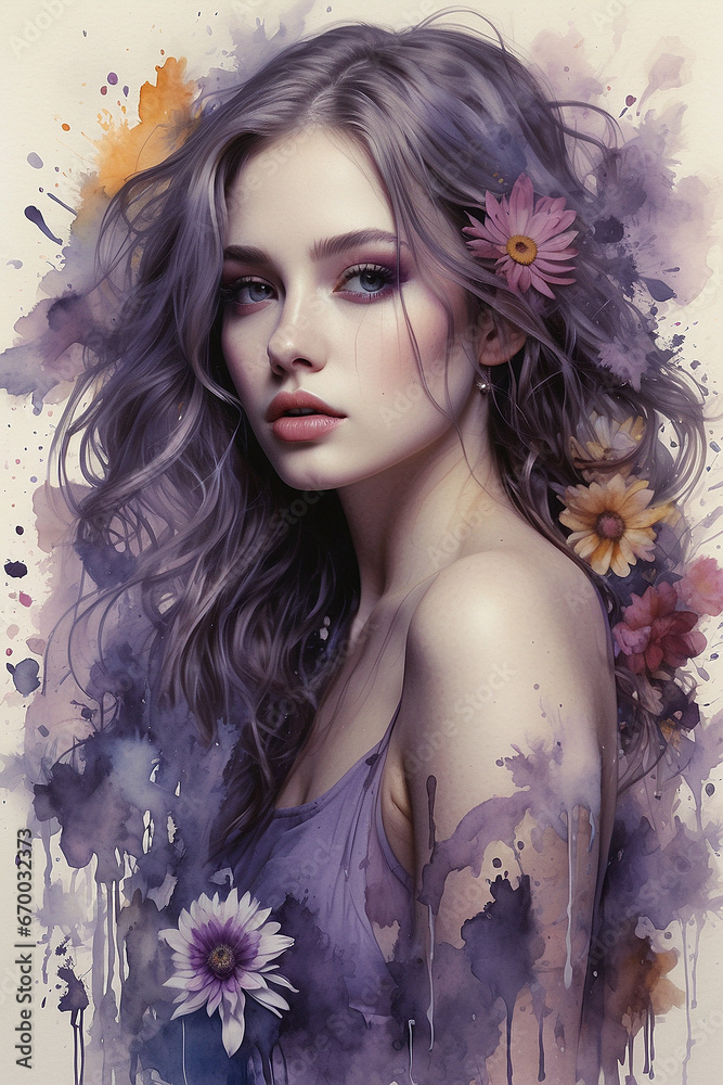 Watercolor art painting of a beautiful girl with a bouquet of flowers, purple color tone