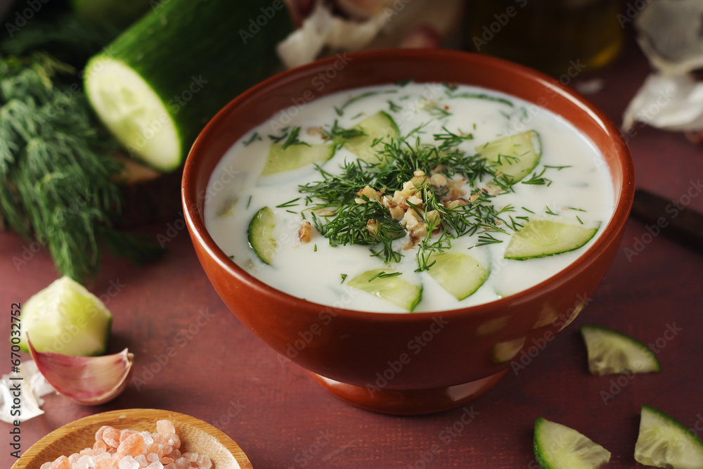 A bowl with Tarator cold soup - traditional Bulgarian dish	