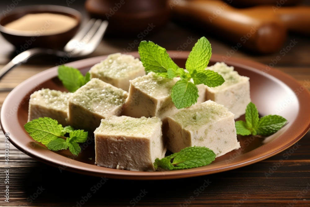 Plate with pieces of tasty halva and mint natural halva. Cook kitchen sweet dessert. Generate Ai
