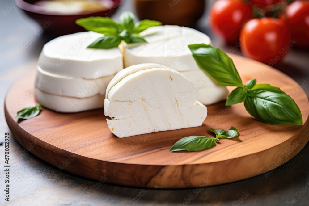 sliced vegan mozzarella on a board sliced vegan mozzarella on a board