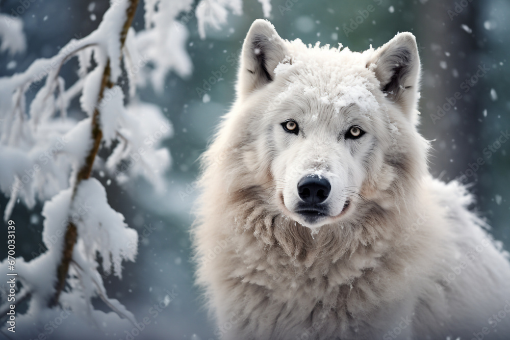 illustration of white wolf in snow forest. Created with Generative AI