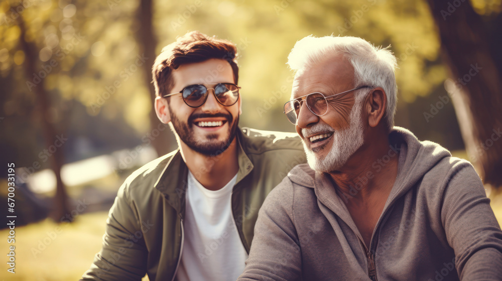 Obraz premium Senior father spending time with his adult son have a happy feeling together