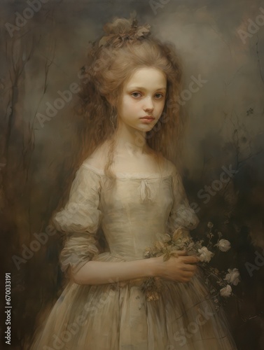 A classic artwork of a little girl in 16th to 19th-century attire, perfect for vintage wall art decoration.
