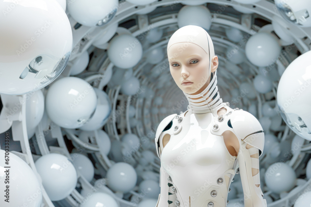 Obraz premium Futuristic white Woman in Transparent Cybernetic Armor with the Background of the Balls, in the Style of Porcelain Fashion of the Future Wallpaper Magazine Background Digital Art Cover Card Poster