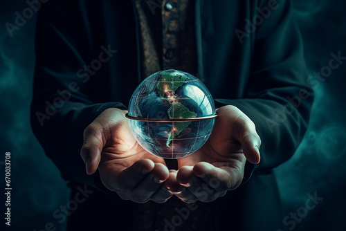 AI. Fragment  a man holds a globe in his hands. World Leadership
