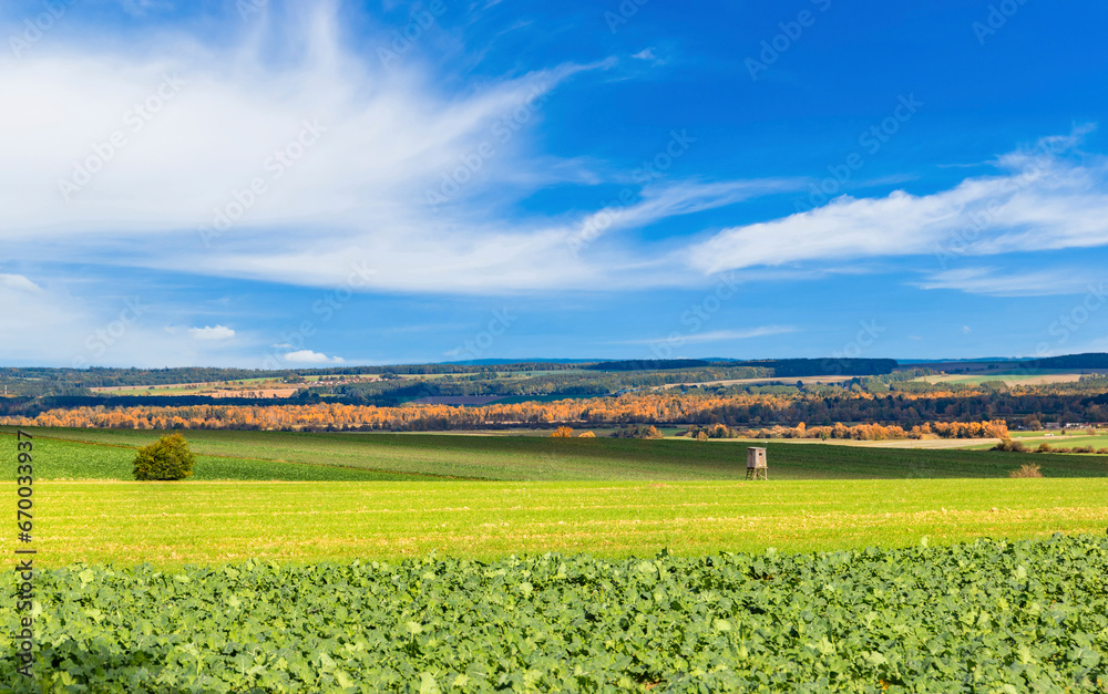 Autumn landscape with fields and sky. South Czechia.