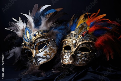 a pair of ornate masquerade masks with feathers