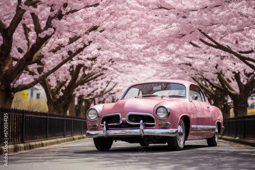 classic car parked under blooming cherry blossoms © studioworkstock