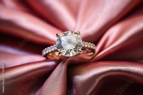 close-up of a diamond engagement ring on a cushion