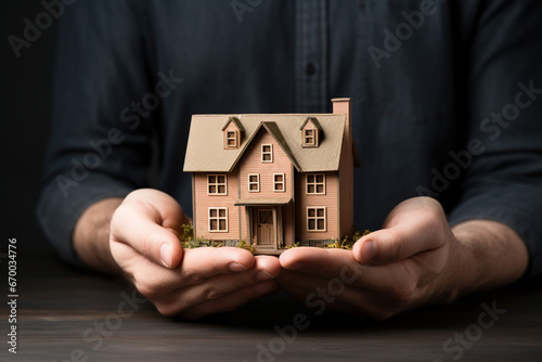Small wooden model house in a human man's hands. New home, business, investment and real estate concept.