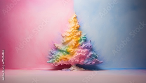 Painted Christmas tree on pastel pink background. Creative contemporary artistic idea for New Year. Authentic concept.