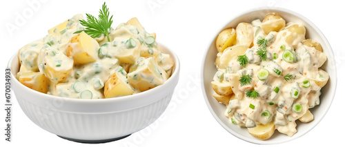 Collection of bowls with potato salad with mayo and vinaigrette dressing isolated on white background