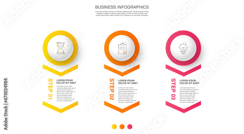 Infographics with three rhombus. Business elements are placed in horizontal row. Modern concept with 3 successive steps for project progress. Flat design template. Vector illustration.