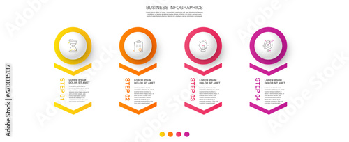 Vector business infographics template. Timeline with 4 circle, icon, arrow, steps, four number options. Can be used for workflow layout, diagram, chart, banner, web design. Modern illustration