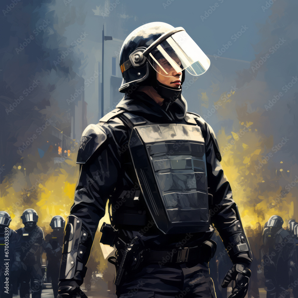 Illustration of a futuristic armored soldier with visor helmet, standing forefront amid a squadron in a smoky urban backdrop
