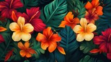 Tropical flowers, plants, leaves. Vector of an exotic Hawaiian flower pattern for a wallpaper.