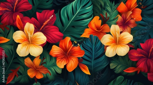 Tropical flowers, plants, leaves. Vector of an exotic Hawaiian flower pattern for a wallpaper.