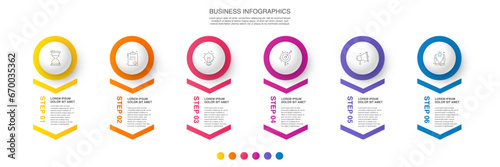 Infographics with six rhombus. Business elements are placed in horizontal row. Modern concept with 6 successive steps for project progress. Flat design template. Vector illustration.