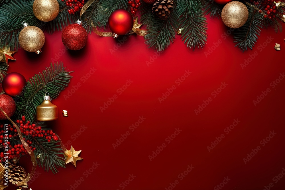 a luxury christmas border with christmas brance, gifts, pine tree leaf, little lamps decoration, red premium metal background for flat lay, generative ai a luxury christmas border with christmas brance, gifts, pine tree leaf, little lamps decoration, red premium metal background for flat lay, generative ai