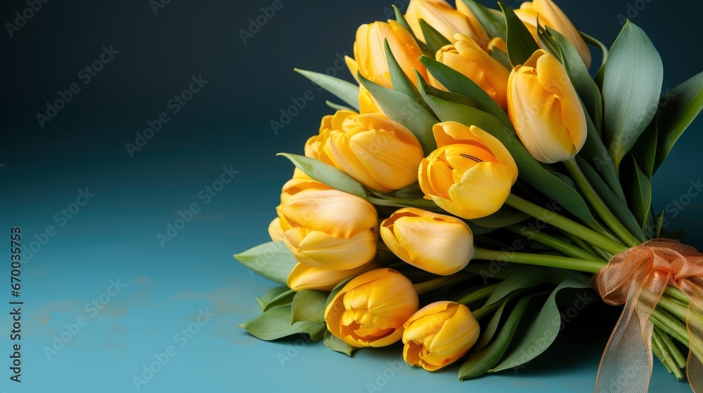 Obraz premium Bouquet Yellow Tulips On Blue Background, Background Image, Valentine Background Images, Hd