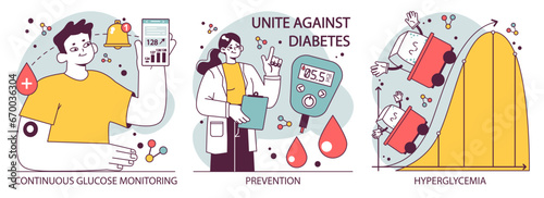 Diabetes set. Measuring sugar blood with glucometer. Glucose monitoring, glycemic index. Hyperglycemia or hypoglycemia treatment, insulin therapy. Endocrinology system disease. Vector illustration photo