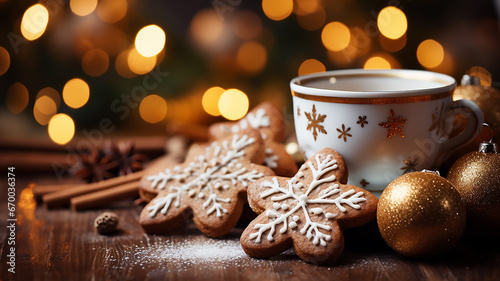tazza bianca con cioccolata e biscotti di pan di zenzero di Natale, sfondo sfocato con lucine di natale,  photo