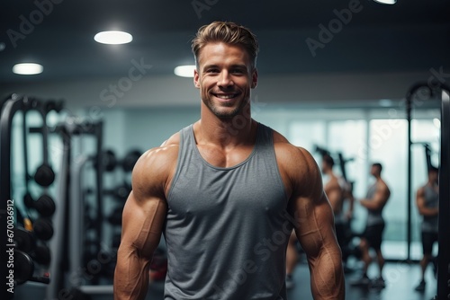 Portrait of a handsome muscular smiling man in the gym. Sports  healthy active lifestyle concepts