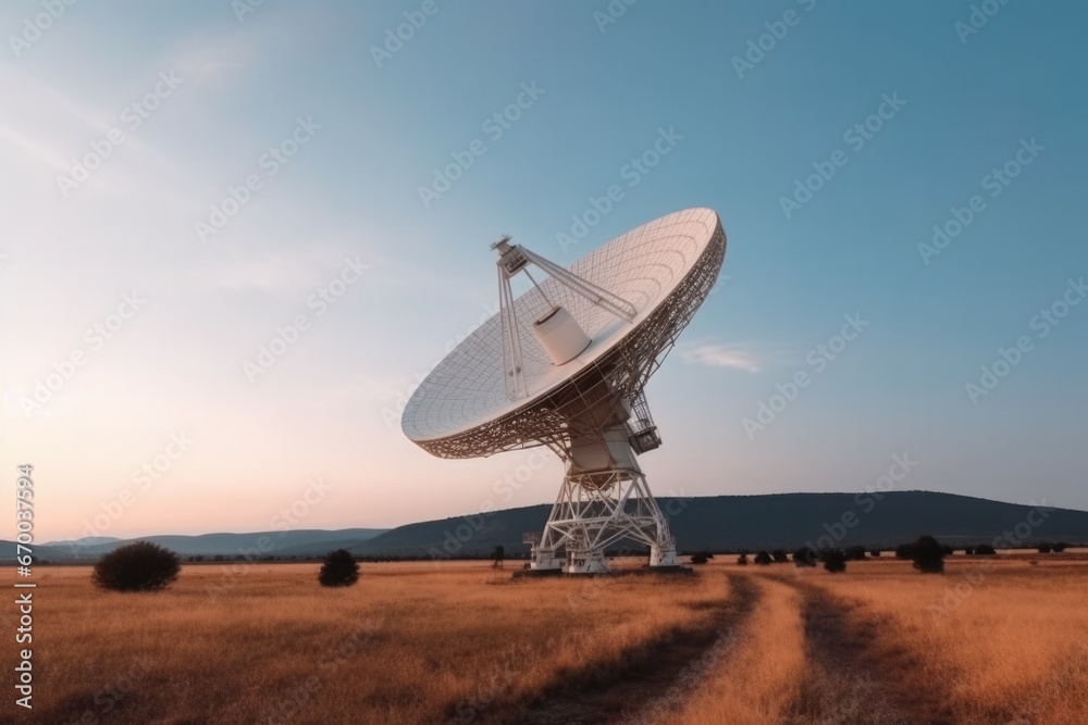 Radio telescope pointing sky at field background. Signal space science research. Generate Ai