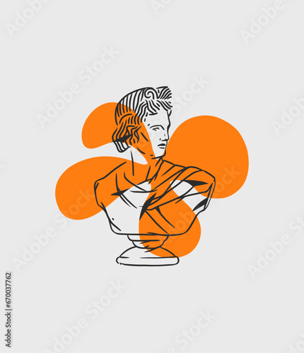 Hand drawn vector abstract graphic,greek ancient sculpture statues and column line modern contemporary poster.Antique vintage classic sculpture in trendy line style.Antique graffiti design background.