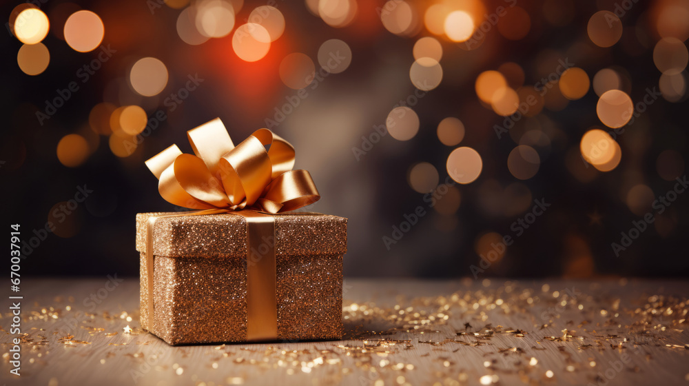 golden glitter Christmas present on a bokeh background golden glitter Christmas present on a bokeh background