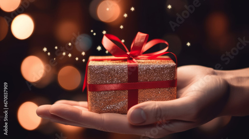 close up of hand holding a gift box with red ribbon on bokeh background