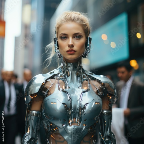 Woman in futuristic costume. Robot girl. cyborg with a woman's face, model of a future human. Augmented reality game, future technology, AI concept.