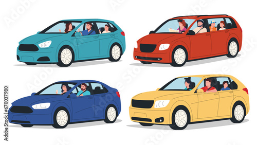 Fototapeta Naklejka Na Ścianę i Meble -  People travel by car. Road trip of happy cheerful people. Car trip with family and friends. Vector illustration