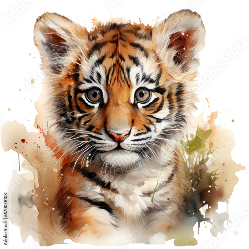 Watercolor illustration tiger cub lion cub stains splashes  children s cute cartoon room decor  photo wallpaper  print  poster  wall painting  transparent background  PNG  interior - generative AI