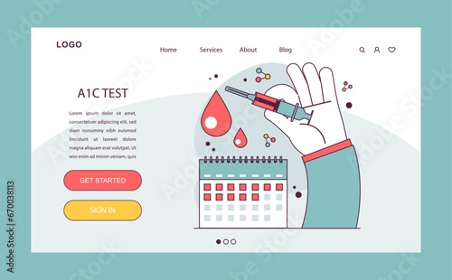 Diabetes web banner or landing page. A1C test. Glucose monitoring, glycemic index. Hyperglycemia or hypoglycemia treatment, insulin therapy. Endocrine system disease. Vector illustration