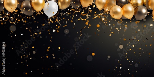 Elegant celebration background featuring a burst of joyous confetti and luxurious gold balloons