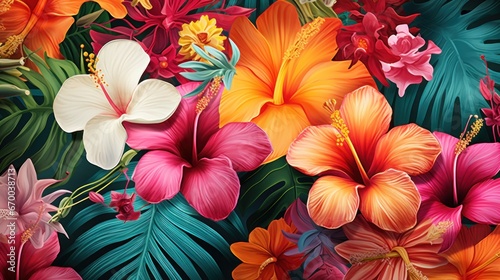 Tropical flowers  plants  leaves. Vector of an exotic Hawaiian flower pattern for a wallpaper.