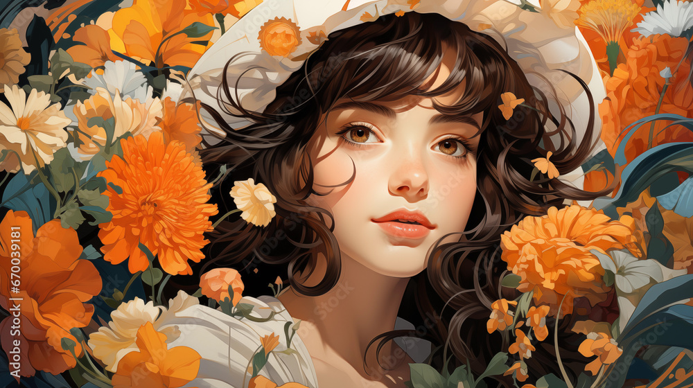 A young woman's portrait with flowers in the background. A young woman's portrait with flowers in the background.