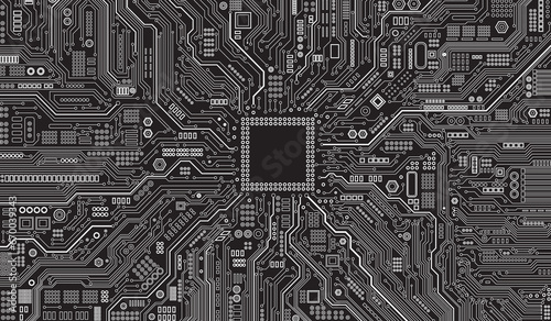 CPU Chip on Motherboard. Central Computer Processors CPU concept. Quantum computer, large data processing, database concept. Futuristic microchip processor. Digital chip.