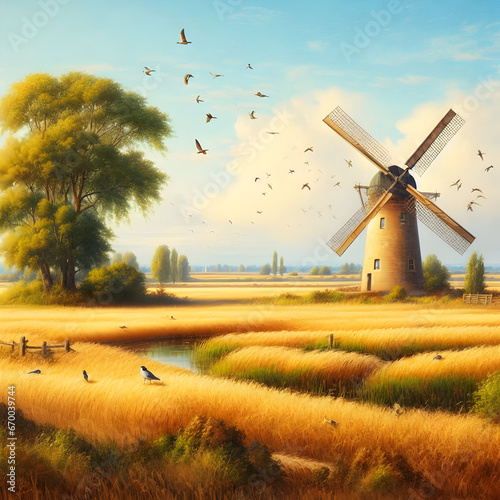 Beautiful Old Traditional Historic Dutch Windmill Rural Landscape Standing in Vibrant Golden Terrain Grass Oat Field Haystacks of Birds w/ Morning Cloudy Blue Sky Countryside River Holland Netherlands photo