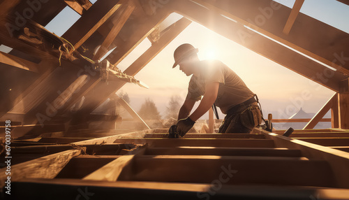 worker roofer working on roof structure at wooden construction site photo