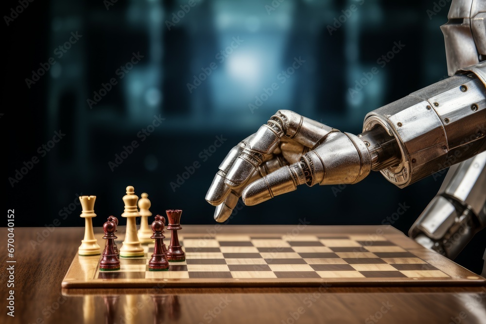 Robot with knight over wooden chessboard closeup. Smart win power intelligence. Generate Ai