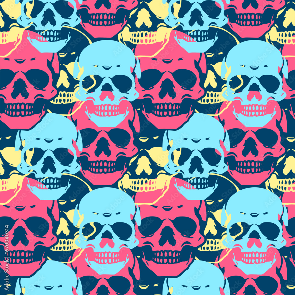 Vector seamless pattern of bright skulls.