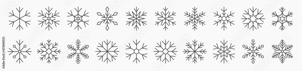Big set of linear snowflake icons. Editable stroke outline
 - obrazy, fototapety, plakaty 