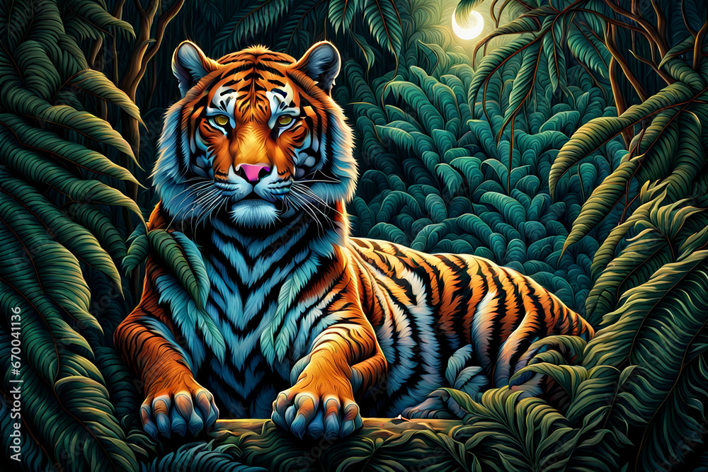 A realistic tiger with twinkling eyes in the jungle forest at night A realistic tiger with twinkling eyes in the jungle forest at night