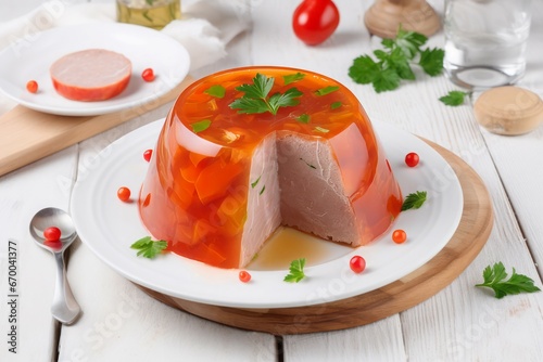 Russian meat jelly. Cold pork dish cuisine meal. Generate Ai