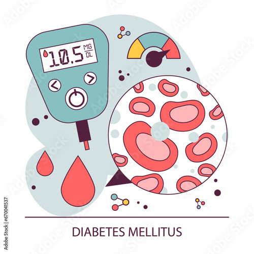 Endocrine system disease. Measuring sugar blood with glucose meter. Glucose monitoring and managing glycemic index. Endocrine system disease. Flat vector illustration